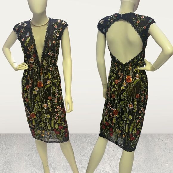 Jovani Sheer Embroidered Over Lace Plunging Neck Cocktail  Dress Whimsical Gothi - Picture 2 of 11